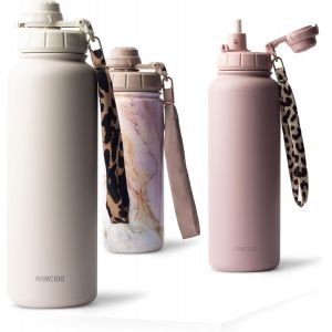 Gourde Isotherme Avec Paille 500 Ml, Bouteille Isotherme Inox Sans Bpa, Gourde &Eacute;tanche & Poign&eacute;e De Transport, Water Bottle (Pearl Marble) - Neuf
