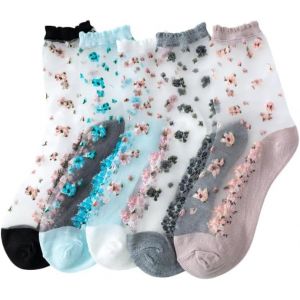 Kalanka-5 Paires Chaussettes Transparentes Pour Femmes Chaussettes Fines En Filet &Agrave; Paillettes Nylon Cheville Chaussettes En Soie Douce &Eacute;t&eacute; Vintage Fleur Ruffle Chaussettes &Agrave; Volants - Neuf