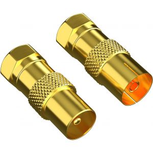 Adaptateur satellite coaxial (1 x fiche F vers fiche d'antenne IEC, 1 x vers prise d'antenne) - Coupleur coaxial pour connecteur de c&acirc;ble coaxial - C&acirc;ble d'antenne plaqu&eacute; or - Neuf