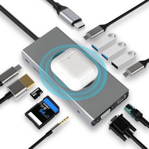 HUB Dongle avec charge sans fil, adaptateur de station d'accueil 13 en 1 avec HDMI 4K, VGA, 2 x USB 3.0, USB C 3.0&2.0, RJ45 Ethernet, PD 100 W, SD/TF et AUX 3,5 mm, compatible avec MacBook Pro - Neuf