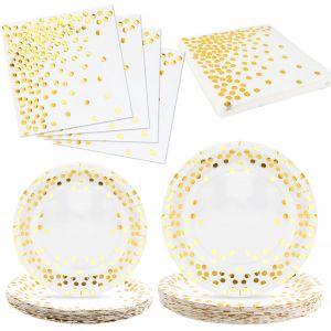 Checarzhn--No1-20 Invités Assiette Jetable Anniversaire, 18.5/23cm Assiettes En Papier Avec Paillettes Dorées, Vaisselle De Fête Avec Serviettes, Assiettes À Dessert Blanc Or Pour Mariage Party Dîner - Neuf