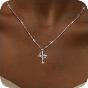 Kal-Collier Croix Avec Paver Couronne Pour Femmes,Avec Couronne Tournante,Pendentif Croix,Pendentif En Argent 14k Avec Zirconium,Collier Croix Chrétienne,Cadeau Religieux Pour Toutes Occasions¿45+5cm - Neuf