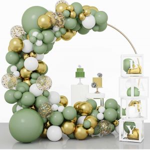 124 Pcs Balloon Kit Olive Green White Gold Confetti Latex Balloons, Green Balloons Birthday For Boys Girls Baby Shower, Birthday, Jungle Dest, Background Party Decoration Supplies - Neuf