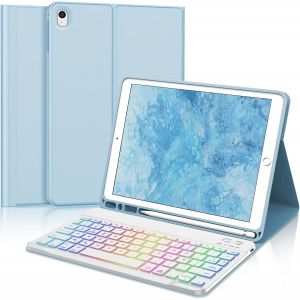 Coque Clavier Pour Ipad 9/8/7ème Gén 10.2 Pouces - Azerty Français Clavier Rétroéclairé 7 Couleurs Bluetooth Détachable Sans Fil, Étui Pour Ipad Air 3 10.5"", Bleu Clair - Neuf