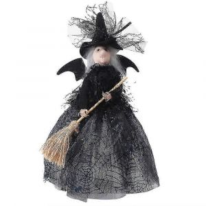 Poupée sorcière d'Halloween avec balai - Décoration de maison effrayante pour bureau de fête - Neuf