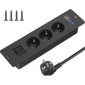Prise Encastr&eacute;e pour Table avec USB-C,3 Voies Sortie avec Interrupteur,Prise pour Table, Prise Multiple avec C&acirc;ble de 2m pour Table de Conf&eacute;rence,Plan de Travail, Table de Canap&eacute; (Noir) - Neuf