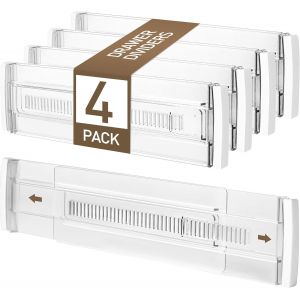 Jexnovashop-4 Pi&egrave;ces Separateur Tiroirs Reglable, S&eacute;parateurs De En Tiroirs Plastique Taille Reglable 28,5 &Agrave; 50,5 Cm, Organisateur De Tiroir Transparent, Pour V&ecirc;tements Coiffeuse Garde-Robe Cuisine - Neuf