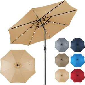 Parasol De Patio 3 M Avec 96 Lumi&egrave;res Led 9 Modes Inclinaison R&eacute;glable Design Moderne En Polyester Beige Helloshop26 20_0012988 - Neuf