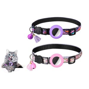 Lot De 2 Colliers Ajustables Pour Chat Avec Porte-&Eacute;tiquette Airtag, Clochette Et Pompon, Convient Aux Tours De Cou De 22 &Agrave; 34 Cm. - Neuf