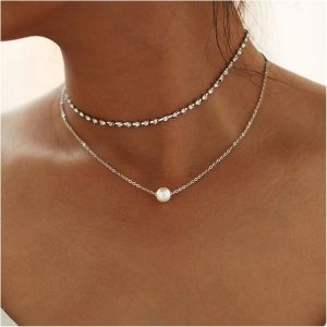 Kal-Collier Cha&icirc;ne De Tennis En Couches Boh&egrave;me Avec Pendentif En Perles Collier Ras Du Cou En Cristal Vintage Collier En Argent Avec Perle Clavicule Collier Avec Strass Pour Femme Et Fille - Neuf