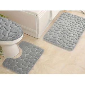Ensemble de 3 tapis de bain gris avec dessous en mousse et PVC - Neuf
