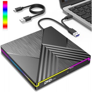 Lecteur DVD CD Externe, USB 3.0 Graveur DVD CD Externe, RGB Lecteur CD DVD Externe pour PC, Optique Portable CD DVD -/+RW Drive pour Laptop Desktops MacBook Mac OS Windows 11/10/8/7/XP Linux Vista - Neuf