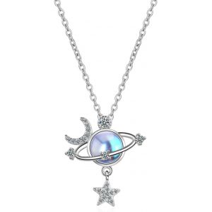 Asas-Collier Pierre De Lune Pour Femme,Pendentif Argent,Collier Pierre De Lune,Collier Planète,Collier Lune Étoile Planete,Collier Planete,Collier Femme,Collier De Lune,Pour Dames Maman - Neuf