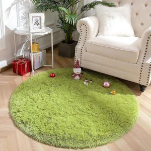 Sjzg-Tapis Rond Salon Shaggy Descente De Lit Chambre Grande Taille Tapis Avec Le Fond Antid&eacute;rapant,Tapis D&eacute;coratif De Style Moderne Pour Salon Chambre Canap&eacute; Natte(Vert,120 X 120 Cm) - Neuf
