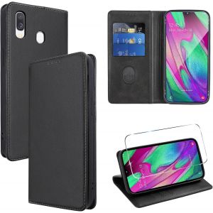 Kal-Coque Cuir Pour Samsung Galaxy A40 5.9"" Avec 1 Verre Trempé Etui À Rabat En Pu Porte-Cartes Portefeuille Support Flip Housse Magnétique Antichoc Anti-Rayures Case,Noir - Neuf