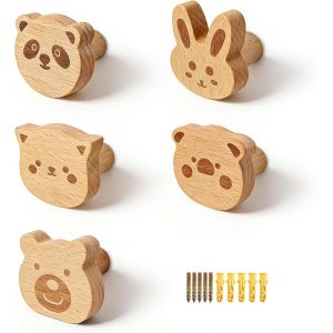 5 Pi&egrave;ces Porte Manteau Mural Bois, 5 Patere Porte Manteau en Forme D'animaux, Pat&egrave;re Bois Dessin Anim&eacute;, avec Vis et Tubes D'expansion pour V&ecirc;tements, Sacs, Poign&eacute;es D'armoires - Neuf