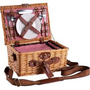 Ulteronixshop-1 Panier de Pique-Nique en Osier pour 2 Personnes - Bandouli&egrave;re Amovible, Compartiment Isotherme et Accessoires Inclus - Motif Vichy Rouge - Neuf