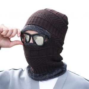 Chapeau Pour Hommes, Couleur Unie, Doublure En Peluche, Automne Hiver, Casquette Tricotée Chaude, Écharpe, Couverture Faciale Pour L'extérieur-Brun - Neuf