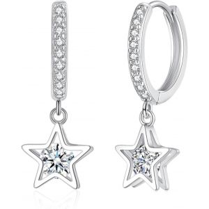 Kal-1 Paire Boucles D'oreilles Créoles Pendantes En Argent Sterling 925 Pour Femme - Hypoallergéniques - Pendentif Étoile Strass - Avec Pendentif En Forme D'étoile - Avec Zircone - Neuf