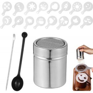 MEVRONISSHOP-Shaker Chocolat en Acier Inoxydable,Shaker &agrave; Cacao,Saupoudreuse Sucre Glace,Saupoudreuse Cacao avec 16 Pochoir Cappuccino + Cuill&egrave;re &agrave; Mesurer + Stylo de Barista,pour Caf&eacute; Gla&ccedil;age Biscui - Neuf