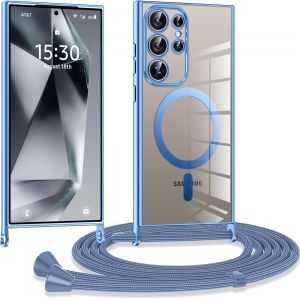 TRAHOO-Coque avec Cordon pour Samsung Galaxy S25 Ultra 5G, Coque Magn&eacute;tique de Cellulaire Corde Transparent Silicone &Eacute;tui en Galvanis&eacute; avec R&eacute;glable Collier T&eacute;l&eacute;phone Cha&icirc;ne Lanyard Housse, Bleu - Neuf