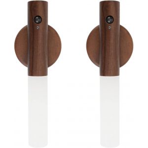 Applique Murale En Bois, Veilleuse D'int&eacute;rieur Avec D&eacute;tecteur De Mouvement, Applique Murale &Agrave; Batterie Magn&eacute;tique Rechargeable Sans Fil Avec Interrupteur Pour Chambre,Couloir, Escalier (Noyer - 2pc) - Neuf