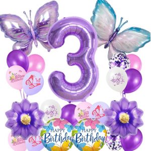 SJZG-Ballon Papillon 3&Egrave;me Anniversaire Fille,Anniversaire Fille 3 Ans,Ballons Anniversaire,Ballon Transparent Violet Papillon,D&eacute;coration De F&ecirc;te D'Anniversaire Pour Enfants - Neuf