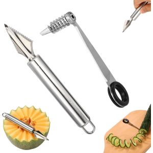 Kalanka-Couteau Spirale L&eacute;gumes Et Couteau Sculpture Fruits Ensemble, Coupe Spirale En Outil Sculpture Fruits En V Pour Trancher Pommes De Terre Ou Graver Melon Ustensiles De Cuisine Cr&eacute;atifs - Neuf