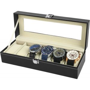 Kal-Boite A Montre - Boîte À Montres À 6 Emplacements - Couvercle En Verre - Coussin Amovible - Finition Noire Et Doublure Beige - Idéale Pour Ranger Les Montres - Neuf