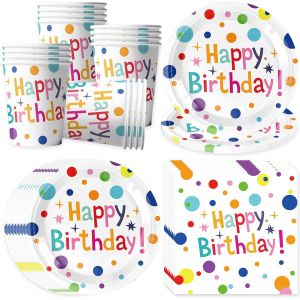 Kalanka-Vaisselle De Fête D'anniversaire Blanc Pour 16 Invités, Assiettes Jetables Happy Birthday, Assiettes Jetables, Gobelets, Assiettes En Carton, Décorations Enfants Party - Neuf