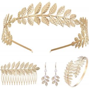 Kalanka-Déesse Grecque Costume, Couronne Laurier Doré, Bracelet Manchette, Boucles D'oreilles Perle, Parure Bijoux Femme, Parure De Bijoux Pour Femme En Costume De Déesse Grecque - Neuf