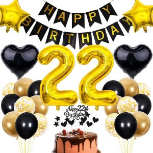 LETNERNY-Décorations 22E Anniversaire Or Et Noir - Topper Gâteau Pour Homme Et Femme - Décoration Fête 22 Ans - Neuf