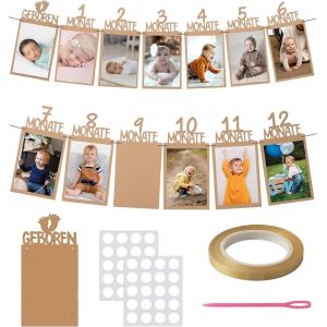 Guirlande photo pour 1er anniversaire - Bannière photo pour anniversaire - Décoration murale à suspendre pour premier anniversaire fille (marron) - Neuf