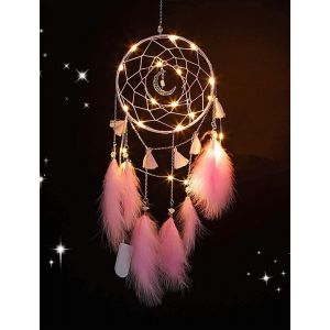 Petit Attrapeur de Rêves avec Lumière LED,Capteur de Rêves avec Plumes Fait Main,Dreamcatcher Décoration Murale Ornement Maison (Rose) - Neuf