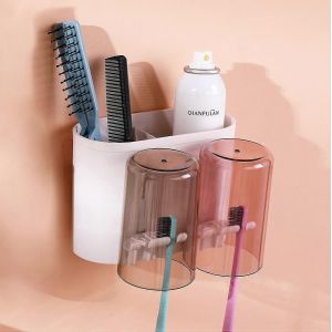 Porte-brosse à dents multifonctionnel,kit de montage mural porte-brosse à dents couple,porte-brosse à dents électrique de salle de bain (2 tasses) - Neuf