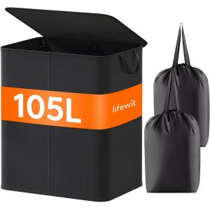 CHECARZHN--NO1-Panier A Linge 2 Compartiments 105L, Corbeille A Linge Pliable Grand, Bac A Linge Sale Avec 2 Sacs De Linge Amovibles, Panier À Linge Pour Buanderie, Chambre, Salle De Bain, Dortoir, Noir - Neuf
