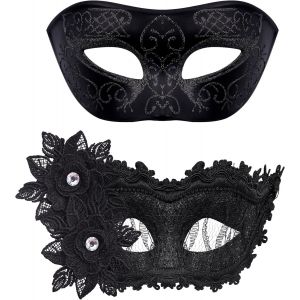 2 Pi&egrave;ces Masque V&eacute;nitien Couple Masque De Mascarade Bal Masqu&eacute; V&eacute;nitien Masque Pour Les Yeux Pour Halloween Mascarade Carnaval Femme Homme,Noir - Neuf