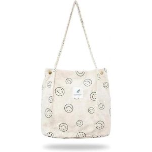 Smiley Tote Bag-1 grand sac &agrave; bandouli&egrave;re en velours c&ocirc;tel&eacute;-Sac cosm&eacute;tique pour l'&eacute;cole,la vie quotidienne,le travail,le bureau,le shopping et les voyages-Dimensions : 22 x 20 x 2 cm-Beige - Neuf