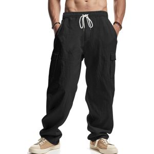 Pantalon Lin Homme Avec 4 Poches Taille Elastique Décontracté Pantalons De Travail Léger Été Cargo De Plage Fluide Pantalon Yoga Cordon De Serrage Uni Baggy Grande Taille - Neuf