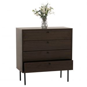Commode HWC-N78, Sideboard armoire, 4 tiroirs, style scandinave m&eacute;tal bois m&eacute;lamine MVG 85x80x40cmbrun fonc&eacute; - Neuf