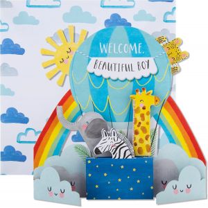 Carte de félicitations de naissance d'un garçon - Motif montgolfière en 3D - Neuf