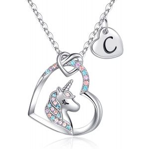 Meimie-Cadeaux De Collier De Licorne Pour Les Fille,Plaqué Or Blanc 14 Carats Initiale Pendentif De C?ur Cz Collier De Lettre De Licorne Cadeaux En Licorne Cadeaux Pour Les Filles Femmes Bijoux - Neuf