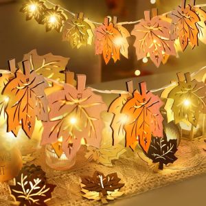 JGD-Guirlande lumineuse de 1,5 m - Feuilles d'&eacute;rable en bois - 10 LED - Feuille d'&eacute;rable artificielle - Guirlande suspendue pour Halloween, Thanksgiving et d&eacute;coration de No&euml;l - Neuf