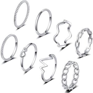 Lot De 8 Bagues Empilables En Argent Pour Femme, Anneaux De Phalange Empilables En Or Et Argent, Anneaux Fins Et Délicats En Or Torsadé, Anneaux Ondulés En Argent Pour Adolescentes, Tailles 5 À 9 - Neuf