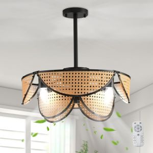 SUBZONAL-Ventilateur de plafond en cage Boho avec lumi&egrave;re et t&eacute;l&eacute;commande rotin superpos&eacute; encastr&eacute;s lumi&egrave;res pendentif r&eacute;versible ventilateur pour chambre &agrave; coucher cuisine salon 4 lumi&egrave;res - Neuf