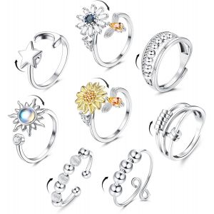 Kahfl-8 Pcs Fidget Bague Pour Femmes Réglable Anneau Ouvert Ensemble Spinner Anneaux Bague Argent Zircone Fleur Étoile Lune Perle Soulagement Du Stress Anneaux Empilables Avec Boîte - Neuf