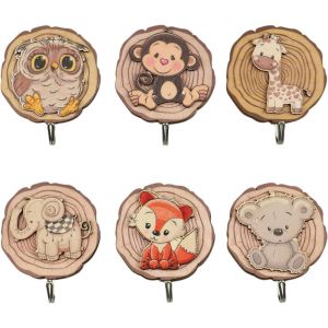 Porte Manteau Enfant, 6 Pi&egrave;ces Crochet Adh&eacute;sif Mural Enfant, Patere Enfant Bois Animaux Sans Percage pour Fille Garcon pour Chambre Salle de Bain Cuisine - Neuf