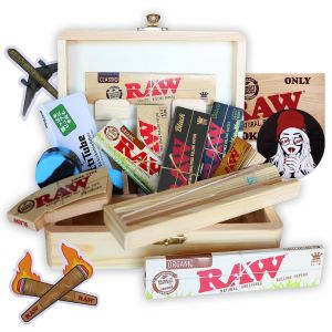 Ulteronixshop-Bo&icirc;te en bois pour le stockage 16 x 12 x 5 &iquest; Kit pour fumeurs + Accessoires pour cigarettes : Papier &agrave; rouler Raw + Bulldog + Actitube + Wax + 4 x autocollant - Neuf
