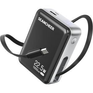 Batterie Externe 10000mah, 22.5w Power Bank, Mini Batterie Externe Avec Câble Intégré Usb-C Rétractable (72 Cm), Chargeur Portable Usb C Out & Input, Compatible Iphone, Android - Neuf