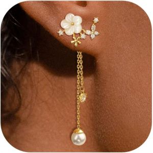 Boucles D'oreilles Pendantes En Perles Fleurs, Hypoallergénique Longues Boucles D'oreilles Enfilées Cz, Boucles D'oreilles De Mariage En Fleurs Pour Mariées Cadeaux Originaux - Neuf